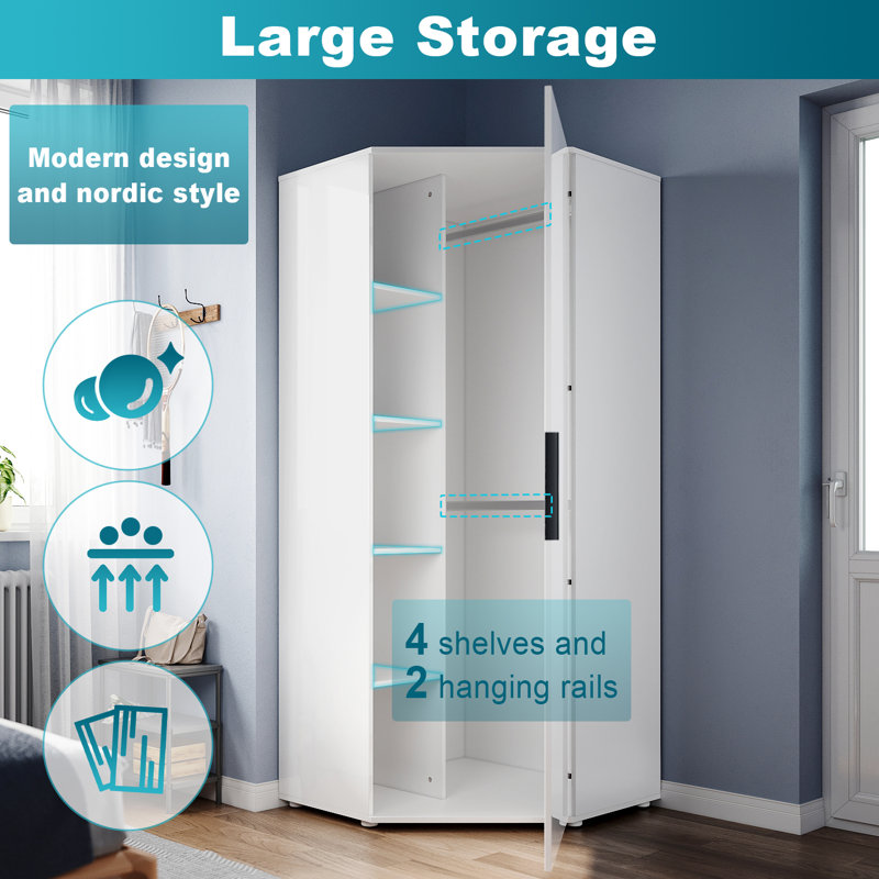 186*80*80CM Modern Simple Corner Wardrobe With High Light UV Door Panel,Solid Wood Style, White