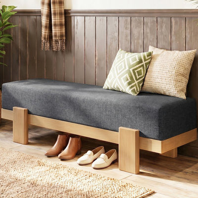 Long Solid Wood Upholstered Bedroom Bench, Rectangular 56.7" Heavy Duty Footstool 600lbs End of Bed Shoe Benchs, Extra Thick 8.1" Linen Cushion Ottoman Padded Bench for Entryway, Dining Room
