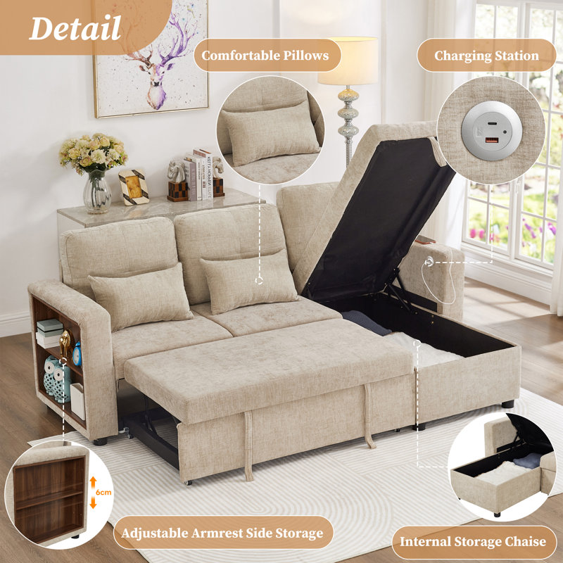 L-Shaped Sleeper Sofa 3-in-1 Convertible Chenille Sectional Sofa Bed with Reversible Storage Chaise, Beige Chenille