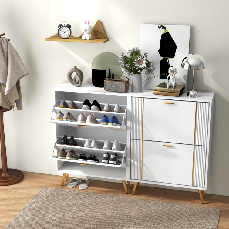 Modern Entryway White Shoe Storage Narrow Shoe Cabinet with 2 Flip