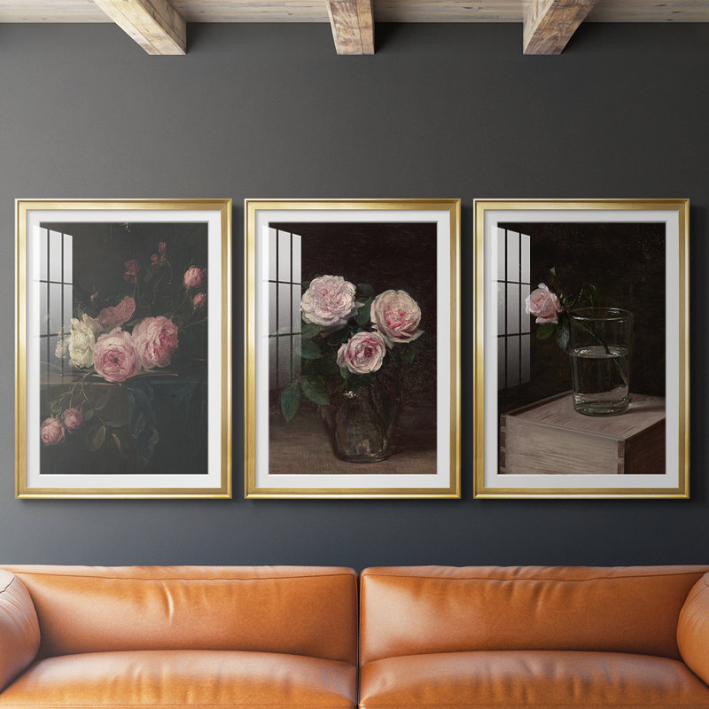 Imprimé floral rétro CCLxxix - impression encadrée sur mesure de qualité supérieure - 3 pièces, H 15 po x l 19 po, Doré