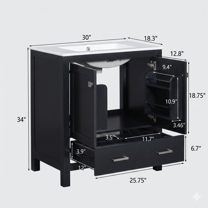 Ensemble de meuble-lavabo noir de 60 pouces avec deux meubles-lavabos séparés, deux lavabos en céramique, une tablette de rangement et des tiroirs séparés (miroir non inclus) - une solution de salle de bain contemporaine pour les grandes salles de bain