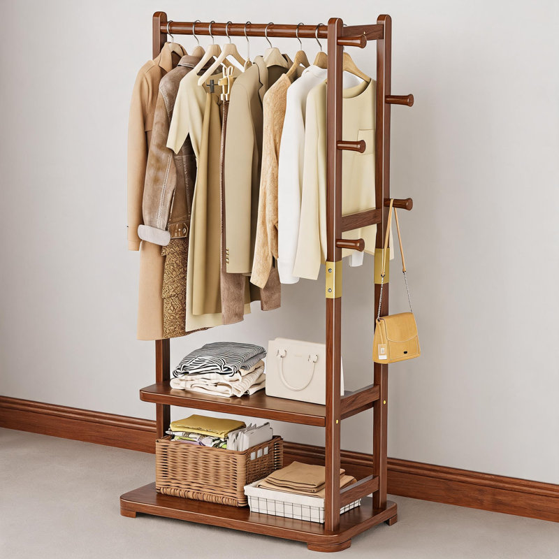 This Solid Wood Floor-Standing Coat Rack Features A Double-Layer Design With Four Hooks, Perfect For Hanging Clothes, Bags, And Hats. It's Sturdy And Suitable For Use In Hallways, Lobbies, And Bedrooms.