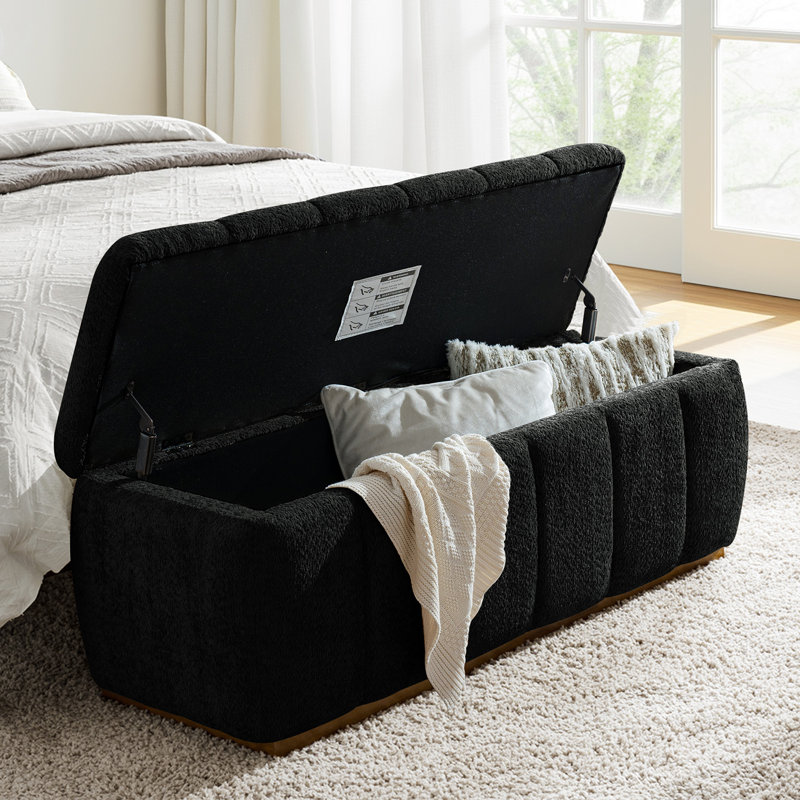Vanesa 50.5"W Modern Chenille Fully Assemble Upholstered Filp-Top Storage Bench With Solid Wood Base, Black
