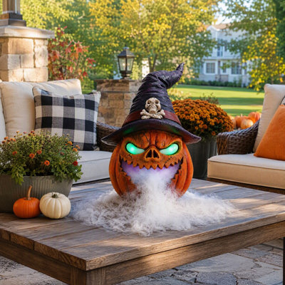 Witch Hat Halloween Pumpkin Decoration with Haunted Details, Lighted Fog Effect for Seasonal Display