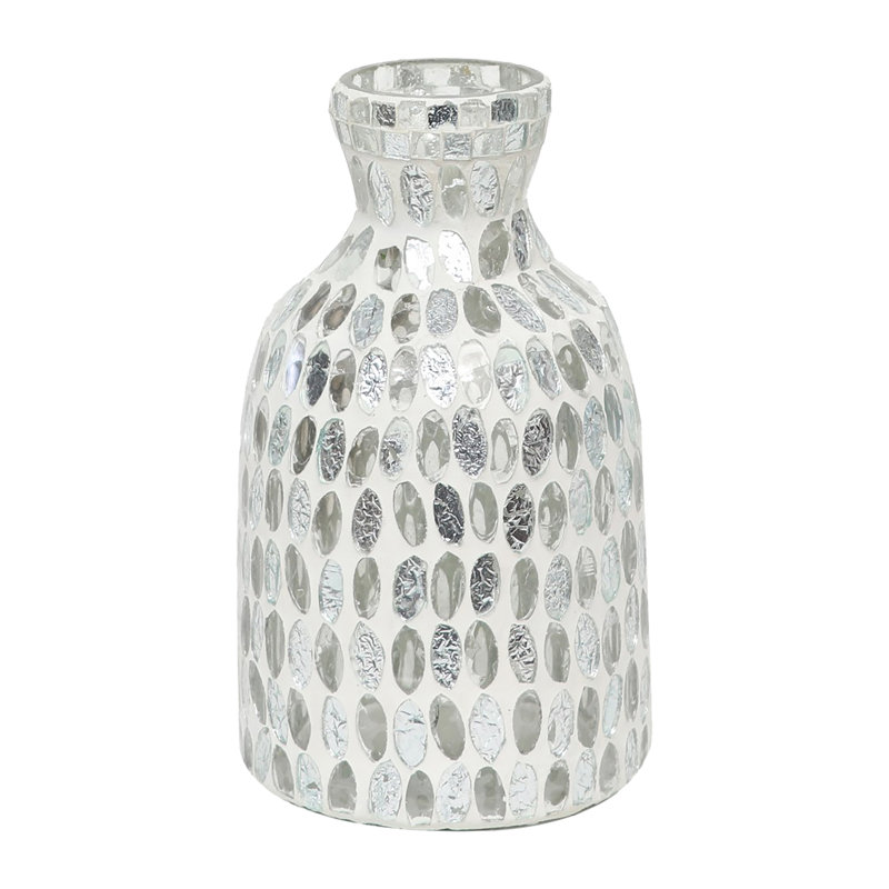 Glass Round Mosaic Vase, 7" H x 4" W x 4" D, Mosaic White