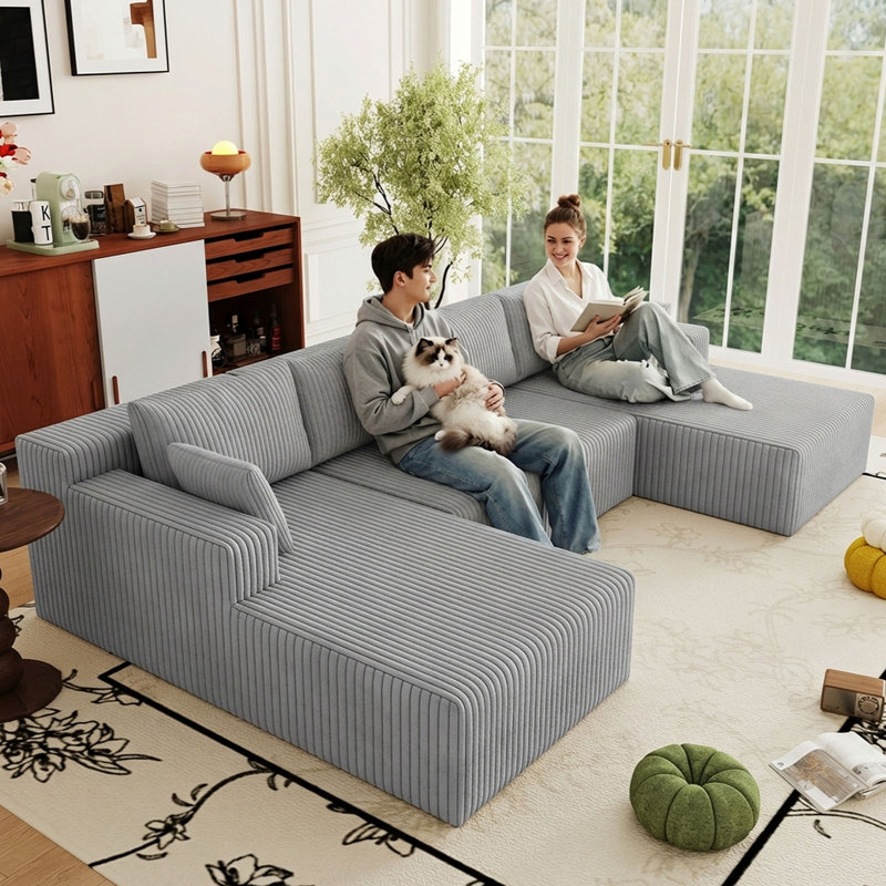 124" Corduroy U-Shaped Sectional Sofa, Modern Modular Boneless 4-Seater Couch with 6 Pillows, Upholstered Deep Seat DIY Cloud Sofa for Living Room, No Assembly Required