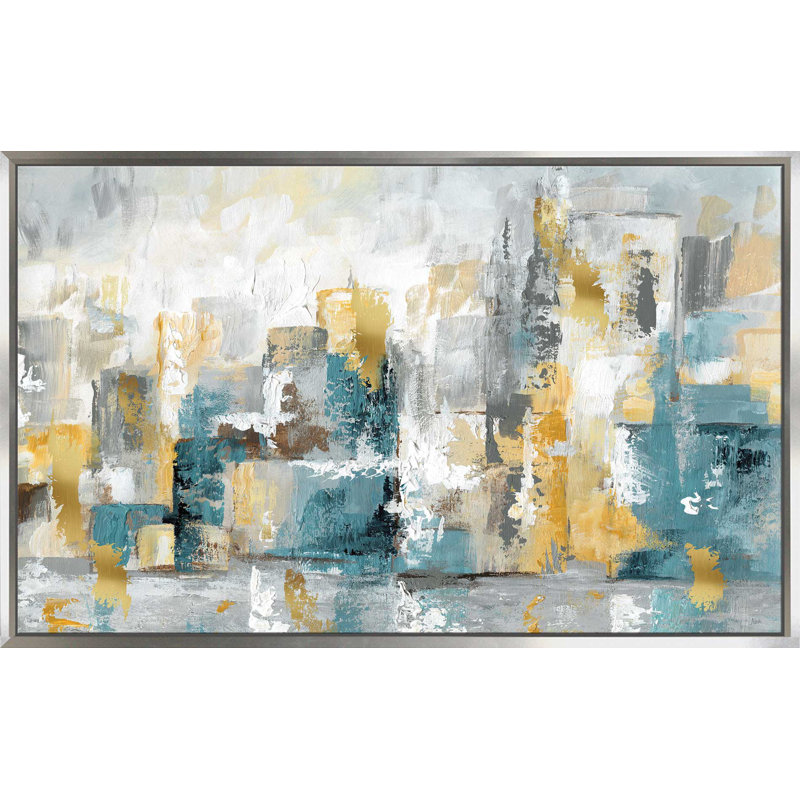 «City Views I», reproduction de peinture acrylique, H 31,5 po x l 51,5 po x P 2 po, Cadre flottant argent