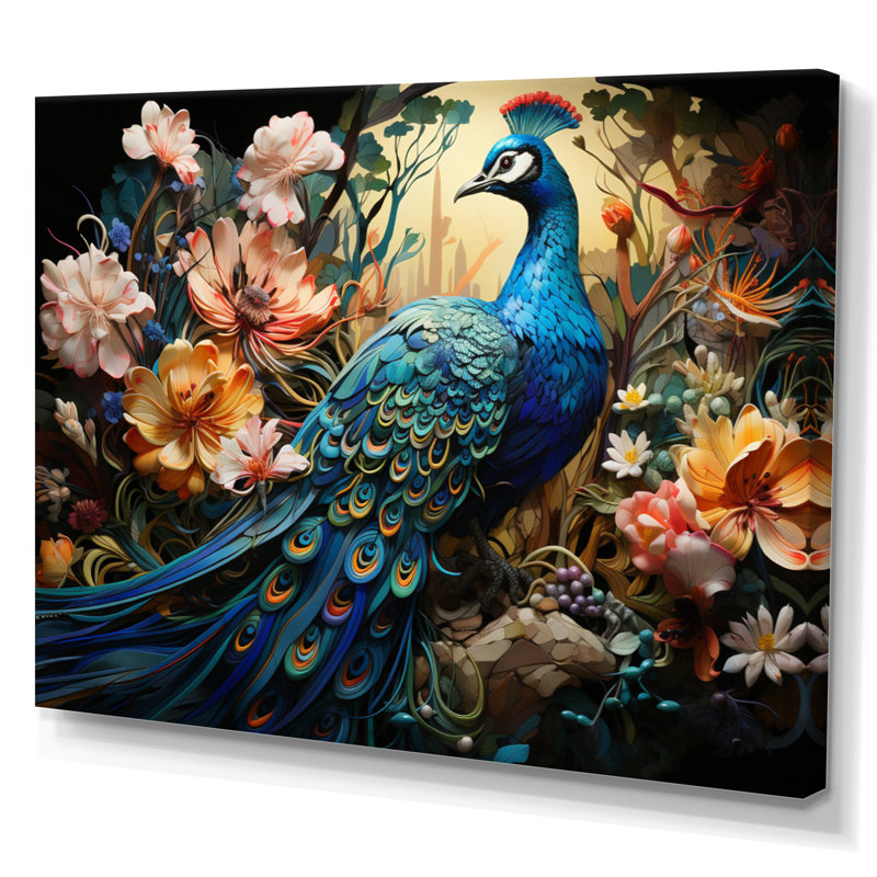 Teal Peacock Parade I - Peacock, reproduction d'art encadrée, Toile tendue, H 16 po x l 32 po x P 1 po