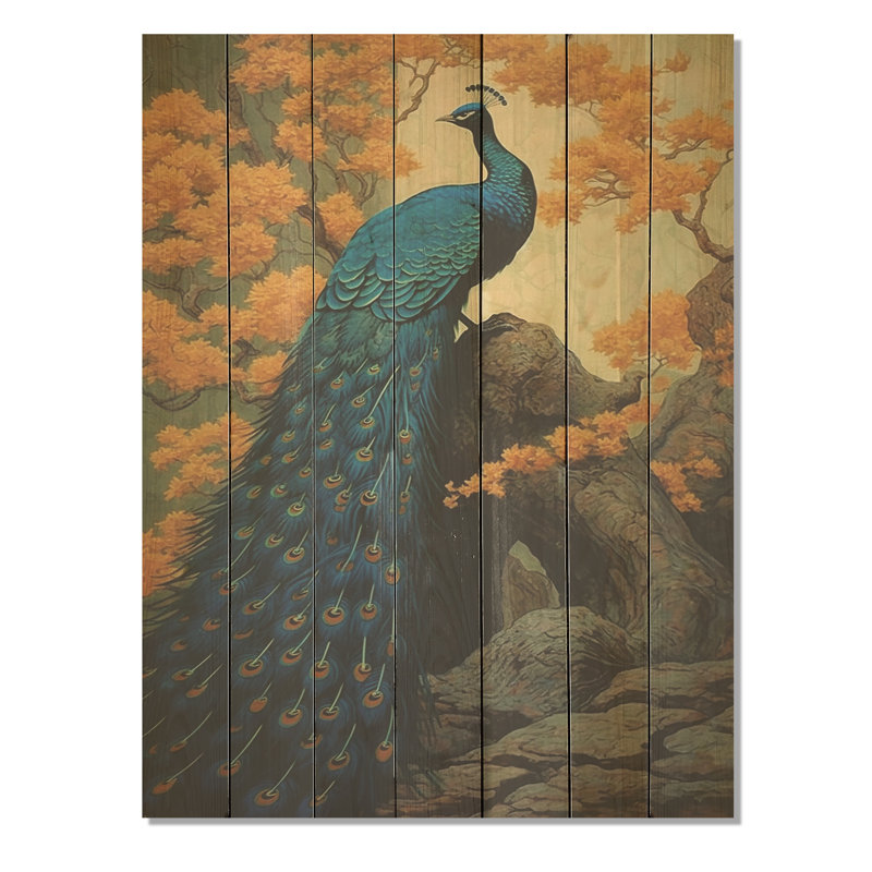 Paon floral japonais bleu royal III - paon sur bois, H 44 po x l 34 po
