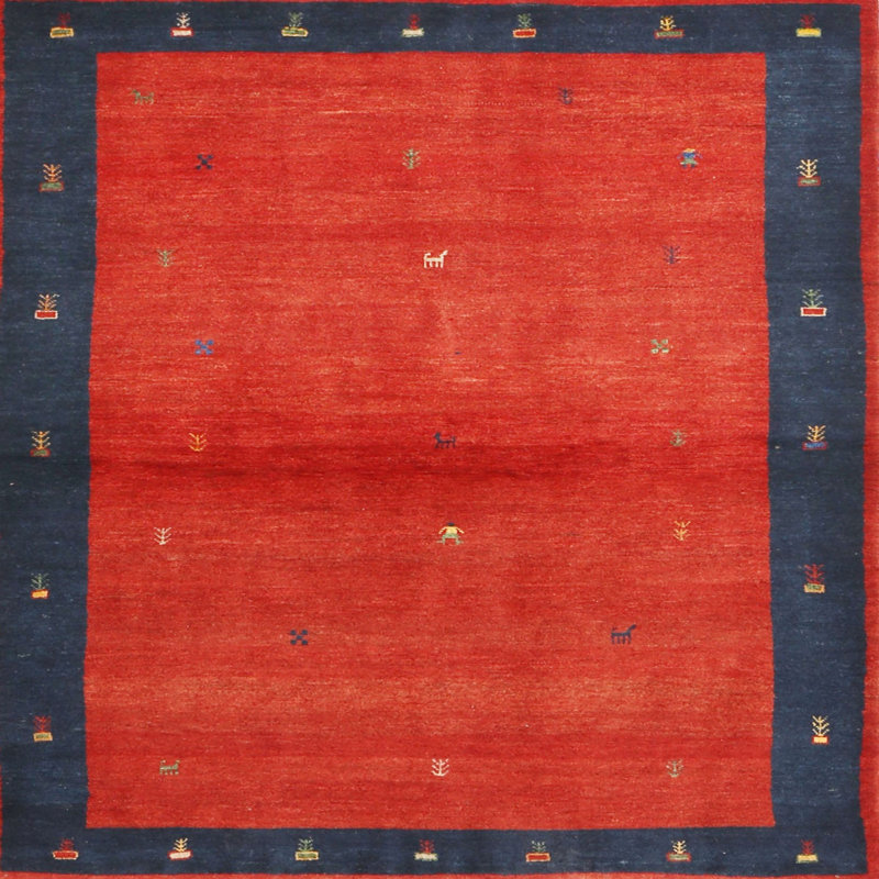 Tapis de zone rouge/bleu contemporaine, Carré 7 pi