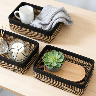 Woven Rope Storage Baskets 3-Pack, Collapsible Organizer Bins For Shelves, Closet, And Home Organization, Rectangular Decorative Baskets For Towels, Toys, And Essentials