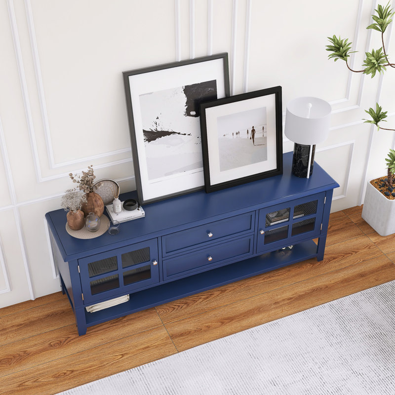 Tv Stand With 2 Cabinets, 2 Drawers And Open Shelves, Blue