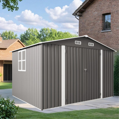 Remise de rangement extérieure en métal gris 10 x 8 pi avec loquet verrouillable sur les portes doubles, fenêtres d'aération, pour la cour, le patio, les tondeuses à gazon idéales, les chaises, la structure en gris, faite de générateurs de rangement, de vélos,