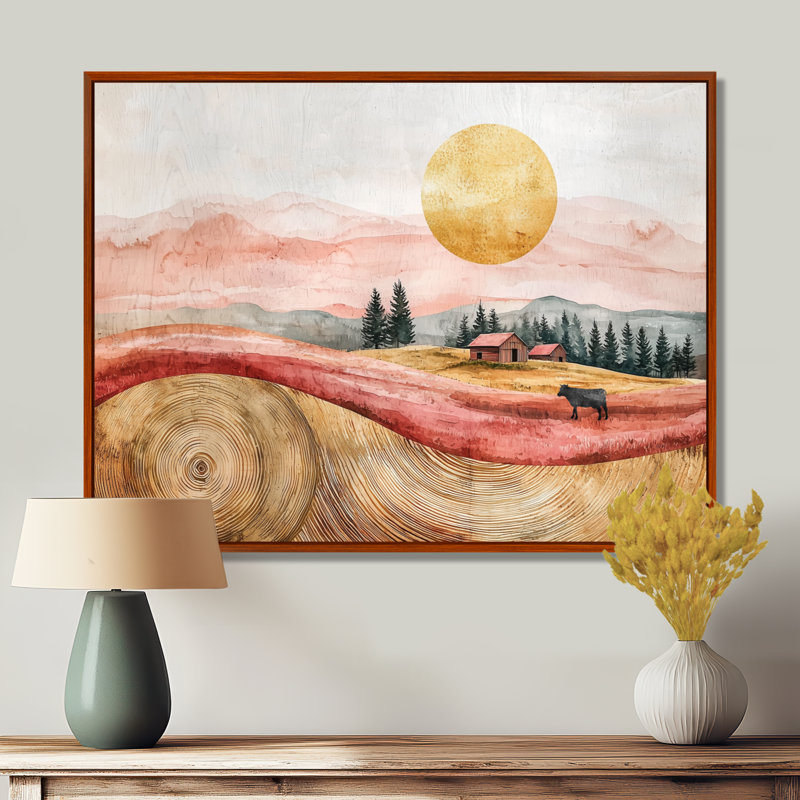 Grange aux roses avec champ de vaches II - vache, œuvre d'art murale, Brun, H 12 po x l 20 po, Cadre flottant