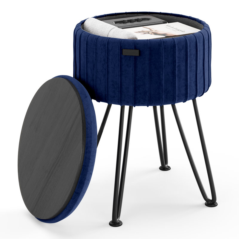 Repose-pieds rond en velours plissé avec rangement, Bleu, Noir, noir, noir, noir