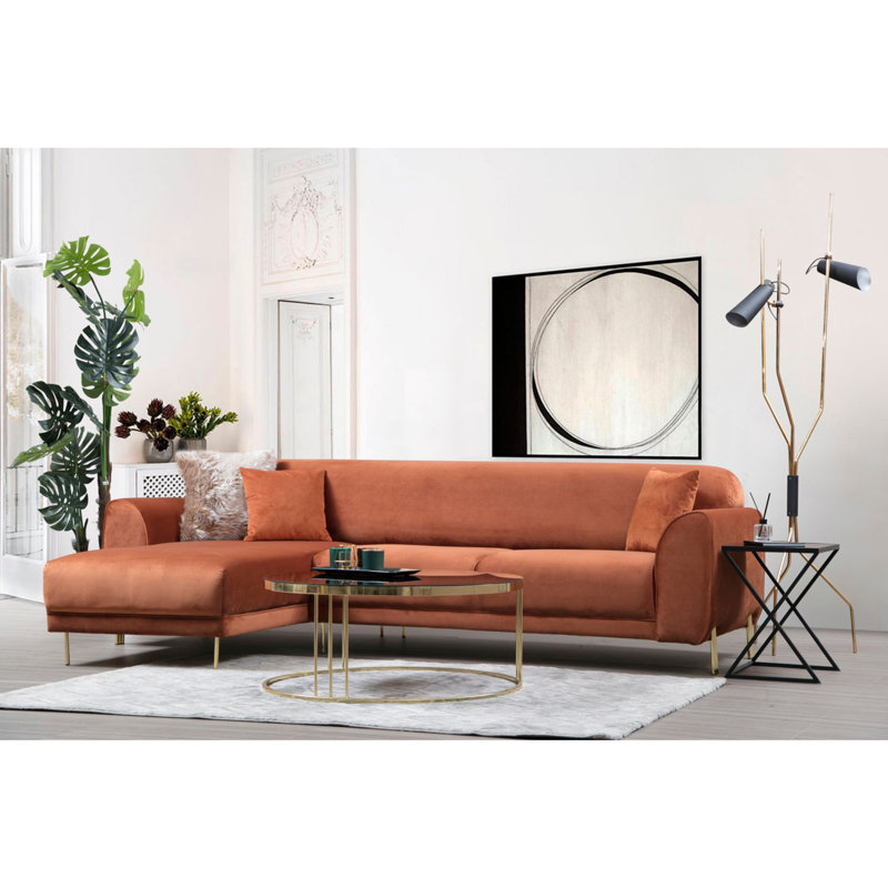 Canapé-lit d'angle Cinnamon, structure en bois de hêtre et en carton, 113,0 po x 66,5 po x 33,5 po | Tissu 100% polyester, 2 coussins fixes (18,0 x 18,0 pouces) | Pieds en métal doré, design glamour moderne, confort et style combinés