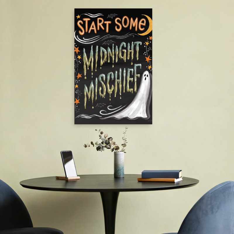 «Midnight Mischief», art mural rétro fantaisiste, paysage, nature, 24" H x 16" W