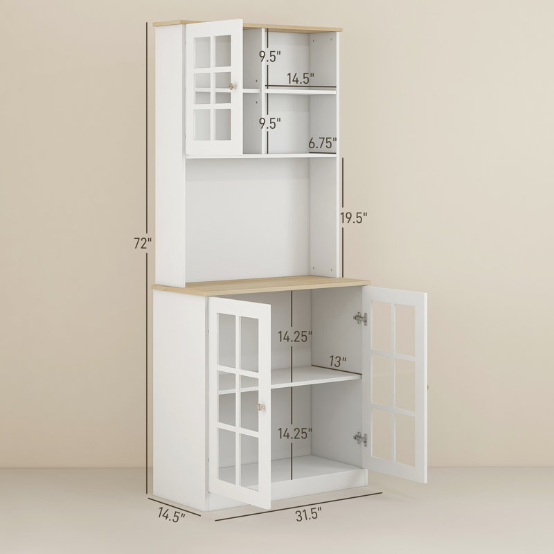 72" Freestanding Storage Cabinet, White, With , Large Countertop, Adjustable Shelves, Glass Doors For Dining Room White Cabinet Freestanding,