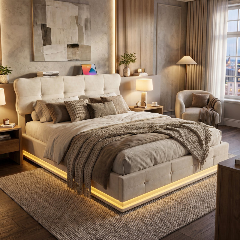 EU Double & King Velvet Ottoman Bed with Under-Bed LED, Cloud Tufted Headboard, Beige, 140/160 x 200cm