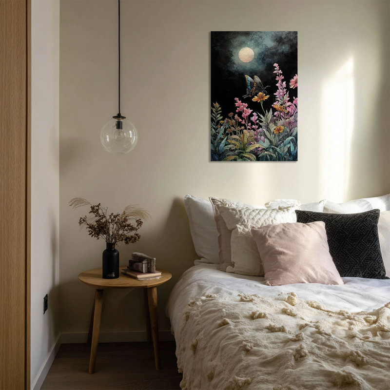 «Swallowtail Butterfly on Wildflowers Under Full Moon» - Art mural sur toile tendue - Décoration de salon, de chambre à coucher ou de bureau