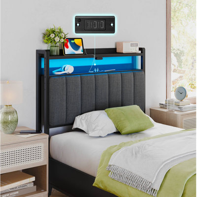 Berte Storage Upholstered Headboard With RGB LED Lights & Charging Station