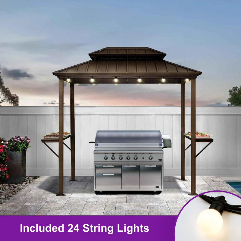 Aluminum Hardtop Grill Gazebo with Lighted, Brown, 6' x 8'