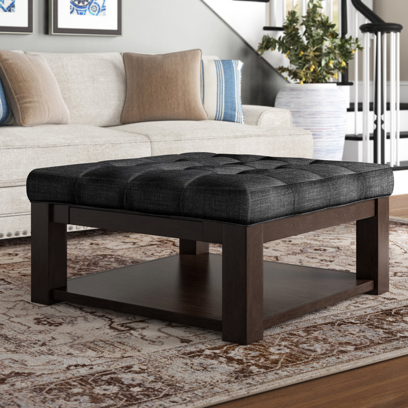 Arthuro Upholstered Ottoman, Heathered Dark Grey Linen, Espresso