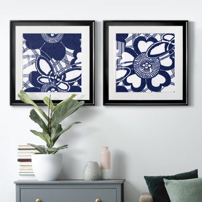 Indigo floral Katagami I - ensemble de 2 reproductions d'art graphique encadré