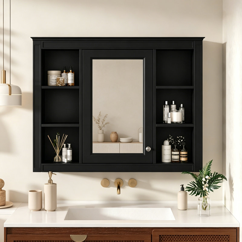 Armoire murale Torynn avec porte miroir et 4 tablettes ouvertes, Noir