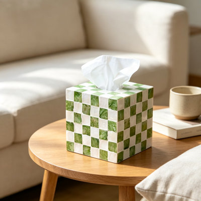 Handcrafted Capiz Shell Square Tissue Box Cover with Checkerboard Pattern, Decorative Modern Accent for Coffee Table, Nightstand, Bathroom Vanity, Natural Seashell Mosaic Design