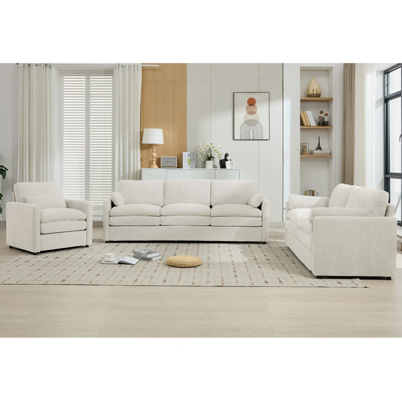 Ensemble de canapé surdimensionné en peluche avec coussin double, 3 pièces: causeuse, fauteuil, canapé, Beige