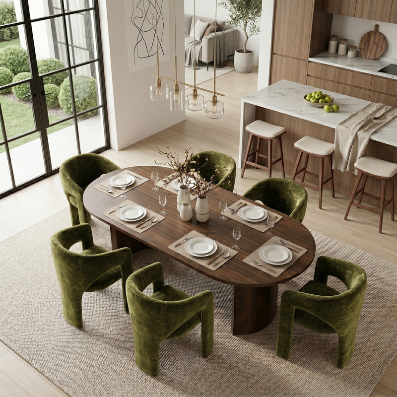 Ensemble de table de salle à manger 7 pièces pour 6 personnes avec accoudoirs en chenille, Vert olive