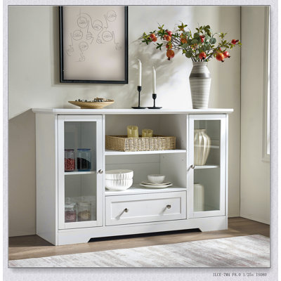 Buffet de style campagnard avec tablettes réglables, tiroirs et portes en verre pour un rangement polyvalent dans la cuisine