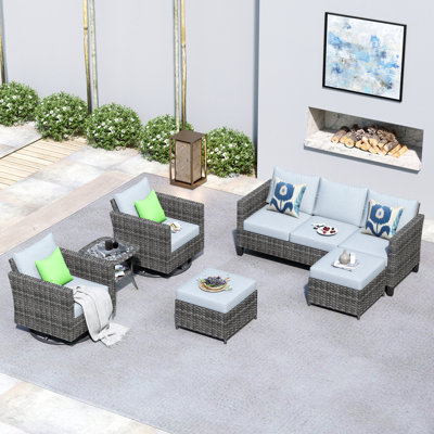Ensemble de patio complet en rotin pour 5 personnes avec foyer Ben