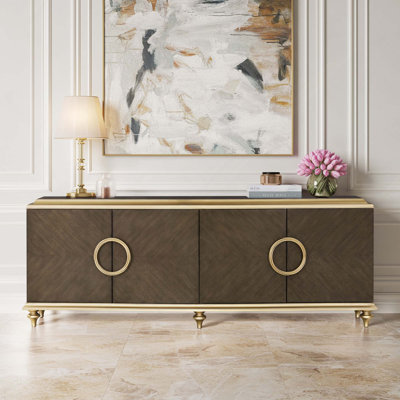 Console Cabinet With Oversize Handle, Wooden Turned Legs, 4 Door Storage & 2 Shelves