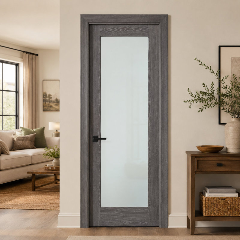 Dalle de porte intérieure en verre givré 1-Grey Grey Grey, placage décoratif, style moderne, 32"×80", Reversible