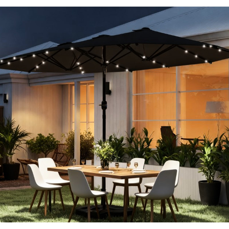 Grand parasol double avec 36 lumières solaires à DEL, double auvent pour abat-jour, 12 nervures et structure en acier, manivelle facile, acier gris, dimensions de 14,4 pi x 8,4 pi 7,9 po, base de parasol à DEL incluse