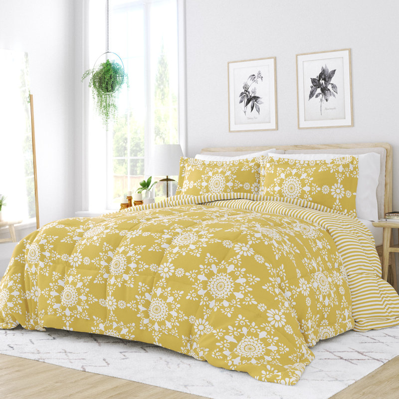 Yellow and White Floral Reversible King Down Alternative Comforter Set