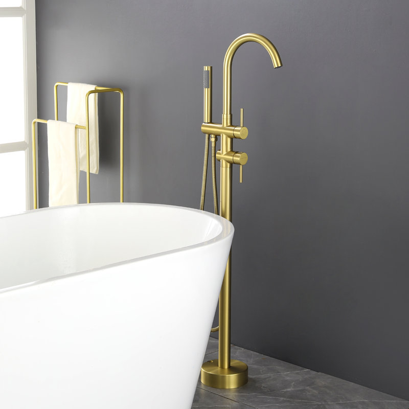 2 Handle Floor Clawfoot Tub Faucet with Diverter, Brushed Gold