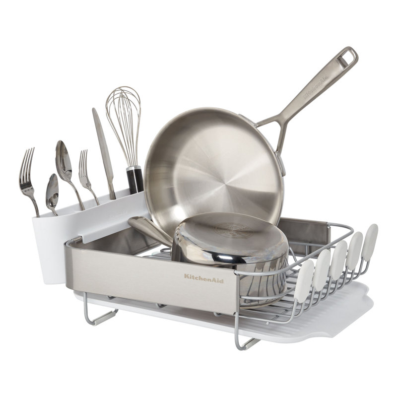 Compact White and Stainless Steel Dish Rack with Drainboard