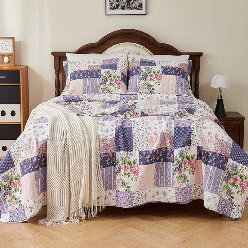  Purple/Pink Multi Color And Patterns Cotton Reversible Quilt Set, Queen Quilt + 2 Standard Shams