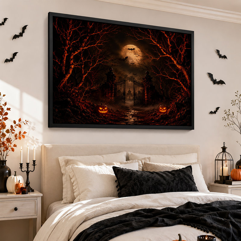 «Jack O Lanterns At Haunted Gate with Bats Under Halloween», art mural sur toile, H 24 po x l 36 po