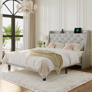 Queen Size Bed Frame with Wingback Button Tufted Storage Headboard and Type AC Ports,Upholstered Platform Bed,Wooden Slats Support,No Box Spring Needed,Noise-Free,Light Gray