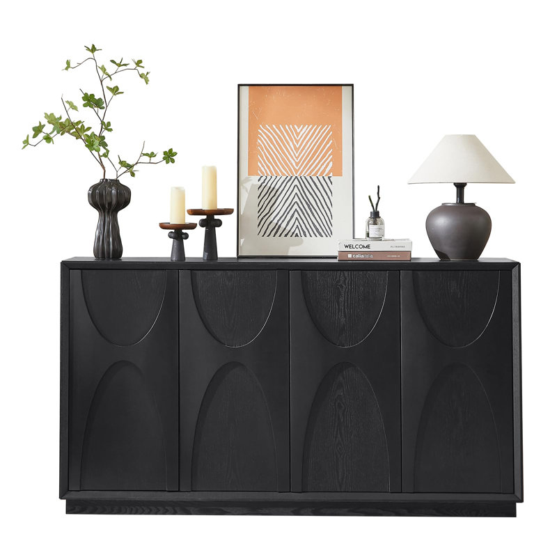 59.69" Modern Sideboard – 2-Inch Classic arched solid wood doors with a retro feel, Black, No