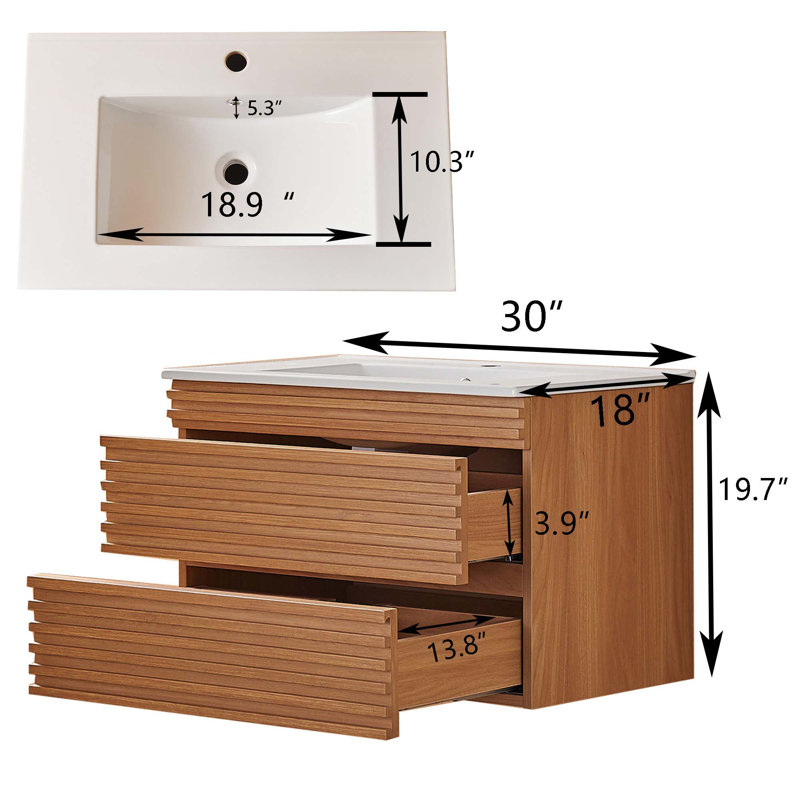 30" Wall Mounted & Floating Single Vanity With Ceramic Sink