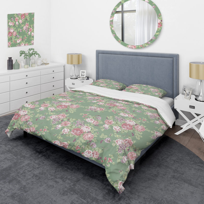 Fleurs roses et feuille - Ensemble de housse de couette floral - Polyester en microfibre