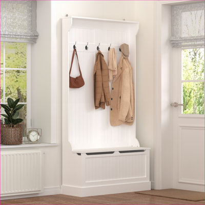 Arbre d'entrée FlowLuxe blanc cassé, banc d'entrée 3 en 1 avec porte-manteau sur pied, rangement pour chaussures avec 5 crochets