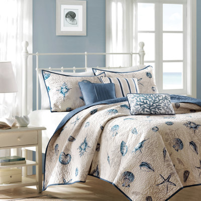 Courtepointe en microfibre bleue - Simple / Simple TG avec motif corail et coquillages