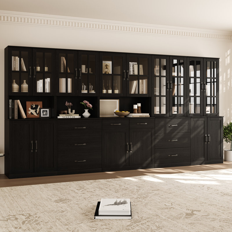 126" Wide Bookcase Wall Unit with Glass Doors, Drawers, Open Shelves, and Storage Cabinets, Black